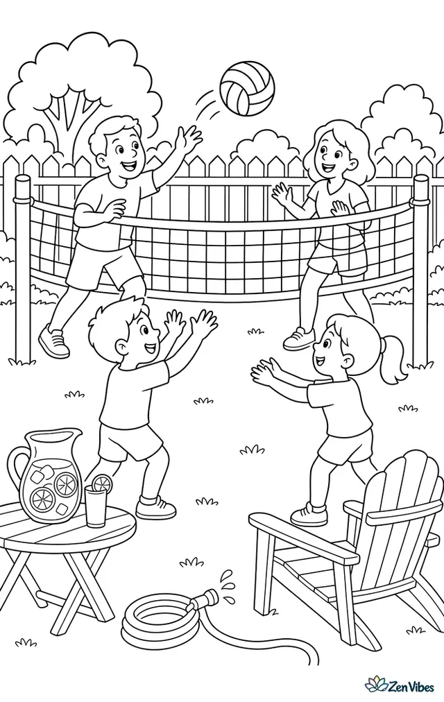 A family rallies a volleyball across a backyard net during a summer afternoon, with lawn chairs, a garden hose, a lemonade pitcher on a table, and a wooden fence.