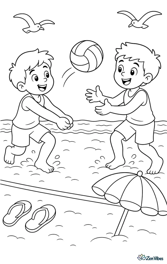 Two friends trade careful passes on a sand volleyball court, with bare feet kicking up sand, a striped umbrella, flip-flops near the sideline, and seagulls above the shore.