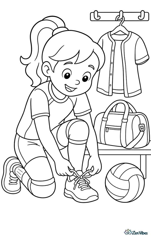 A volleyball player kneels to tie shoelaces before practice in a locker room, with knee pads, a duffel bag, a jersey hanging open, and a volleyball resting nearby.