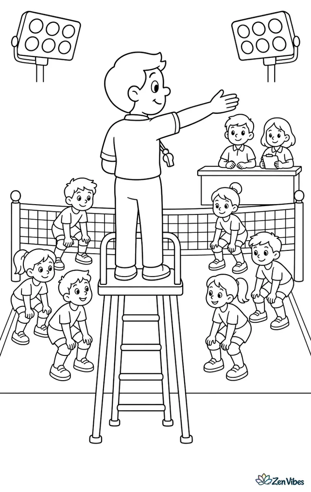 A volleyball referee stands on the platform signaling the start of a match, with the net below, teams in position, a scorer table, and bright lights overhead.