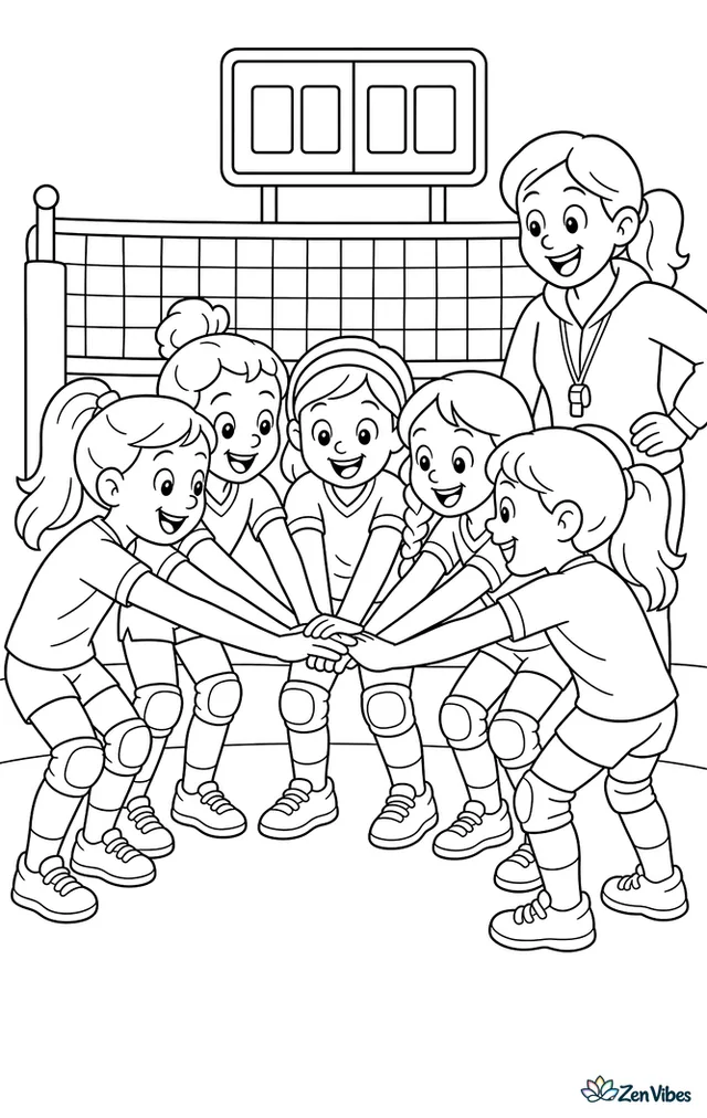A youth volleyball team leans into a cheerful huddle before the next point, with matching jerseys, kneepads, a coach nearby, and a score display above the court.