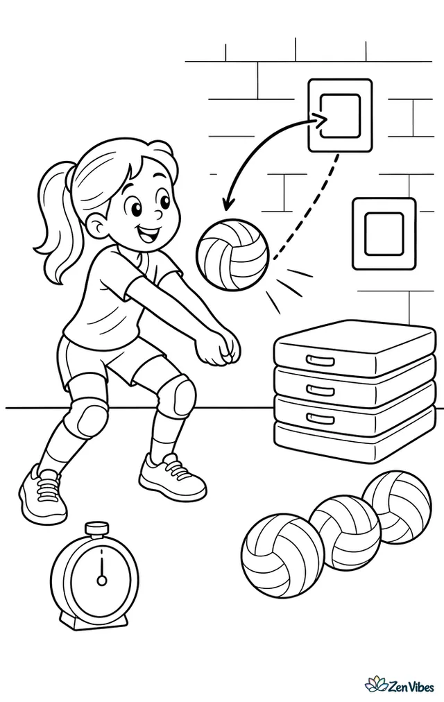 A volleyball player performs passing drills against a gym wall marked with target squares, with a rebound path, stacked mats, a timer, and extra balls lined up neatly.