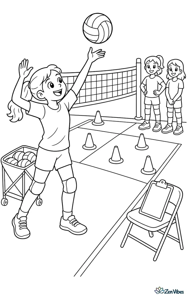 A player aims a standing serve toward colored cones placed in court zones, with a training cart, sideline tape, a clipboard on a chair, and teammates watching turns.