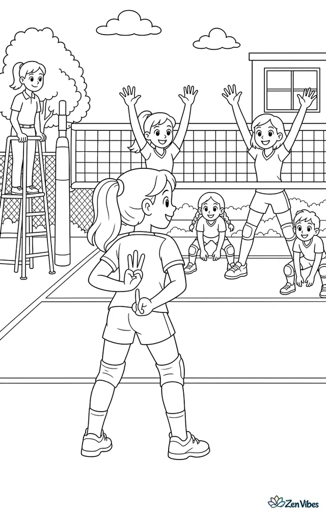 A volleyball setter shows hand signals behind the back before the rally begins, with hitters ready at the net, a referee stand, and defenders crouched across the court.