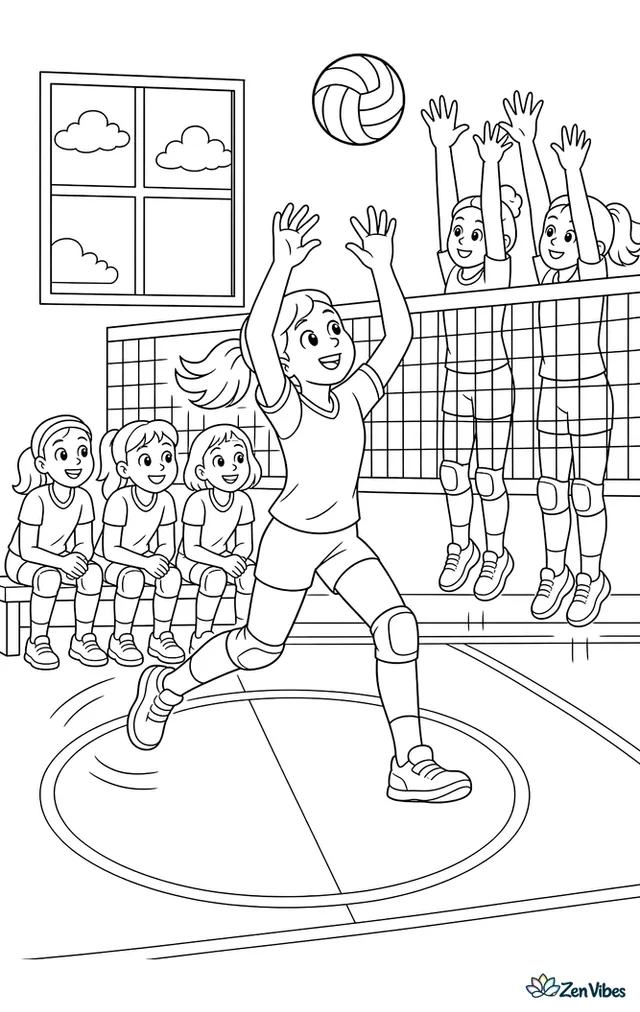 A middle hitter takes a quick three-step approach for a fast set near center court, with blockers timing their jump, floor markings, and a bench of attentive teammates.