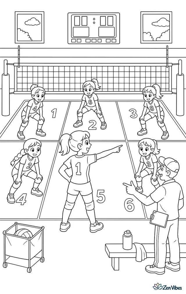 A libero directs serve receive formation while teammates spread across the backcourt, with numbered court zones, a coach at the sideline, and a scoreboard above the far wall.