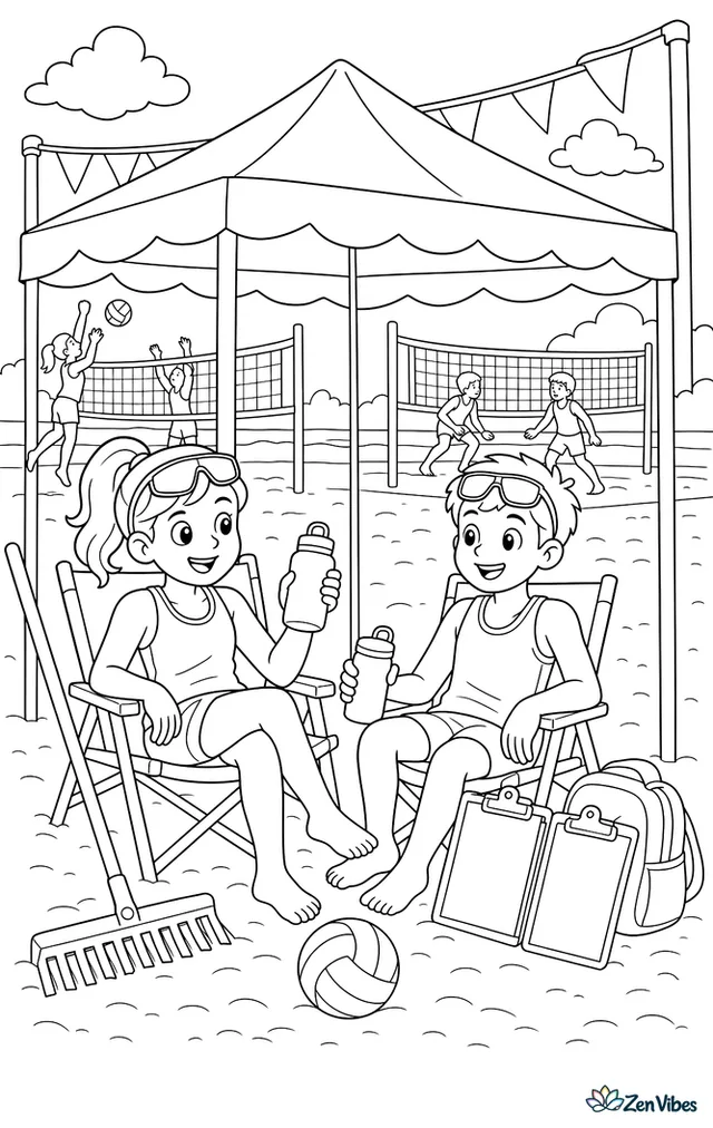 A beach volleyball pair rests between matches beside a shade tent, with clipboards, water bottles, a rake smoothing sand, neighboring courts, and fluttering pennant flags.