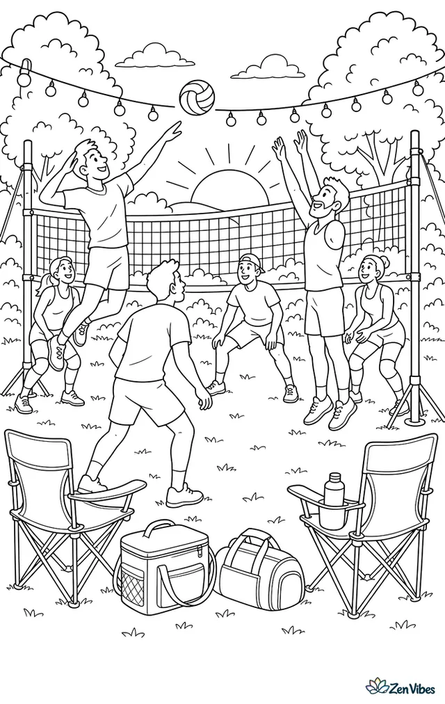 Adult players compete in an evening grass volleyball league, with portable net poles, folding chairs, cooler bags, string lights, and trees casting long sunset shadows.