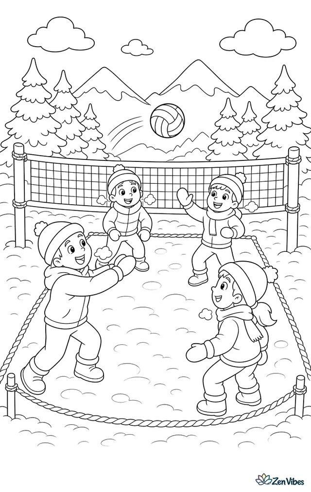 Bundled players rally a volleyball on a packed snow court, with hats, gloves, boundary ropes, breath in the cold air, pine trees, and mountains beyond the net.