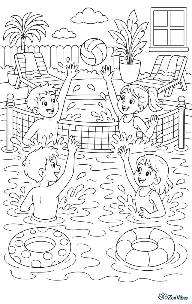 Friends play water volleyball across a pool net, with splashes around raised arms, inflatable rings floating nearby, patio chairs, palm plants, and towels draped on loungers.