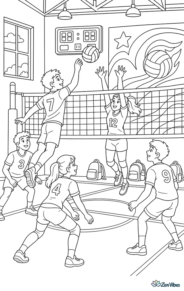 College students play an intramural volleyball game in a recreation center, with backpacks near the wall, team shirts, a digital scoreboard, and a mural behind the baseline.