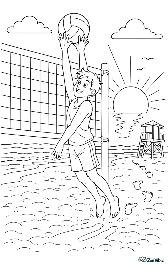 A beach volleyball blocker reaches high at sunset as the ball meets both hands, with textured sand, long shadows, shoreline footprints, and a lifeguard chair in the distance.