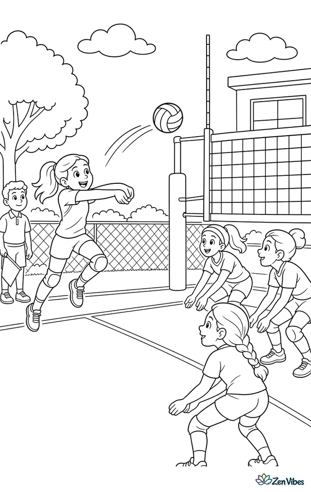 An outside hitter sends a soft roll throw toward the deep corner, with defenders shifting, the sideline judge watching closely, and the net antenna standing straight above tape.