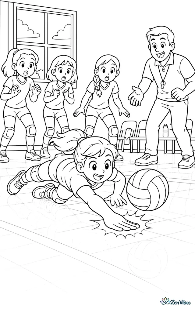 A scrambling defender slides a hand flat under the descending volleyball for a pancake save, with surprised teammates, court reflections, and a coach stepping forward near the bench.