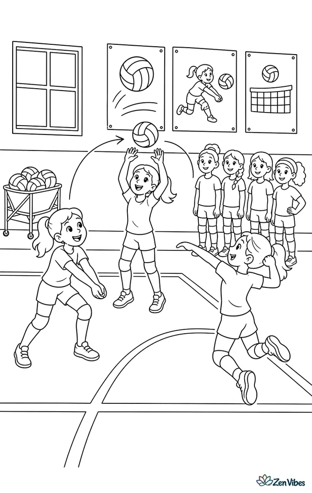 Two volleyball players perform a pepper drill with pass, set, and controlled hit, with a line of waiting teammates, a ball cart, and posters along the gym wall.