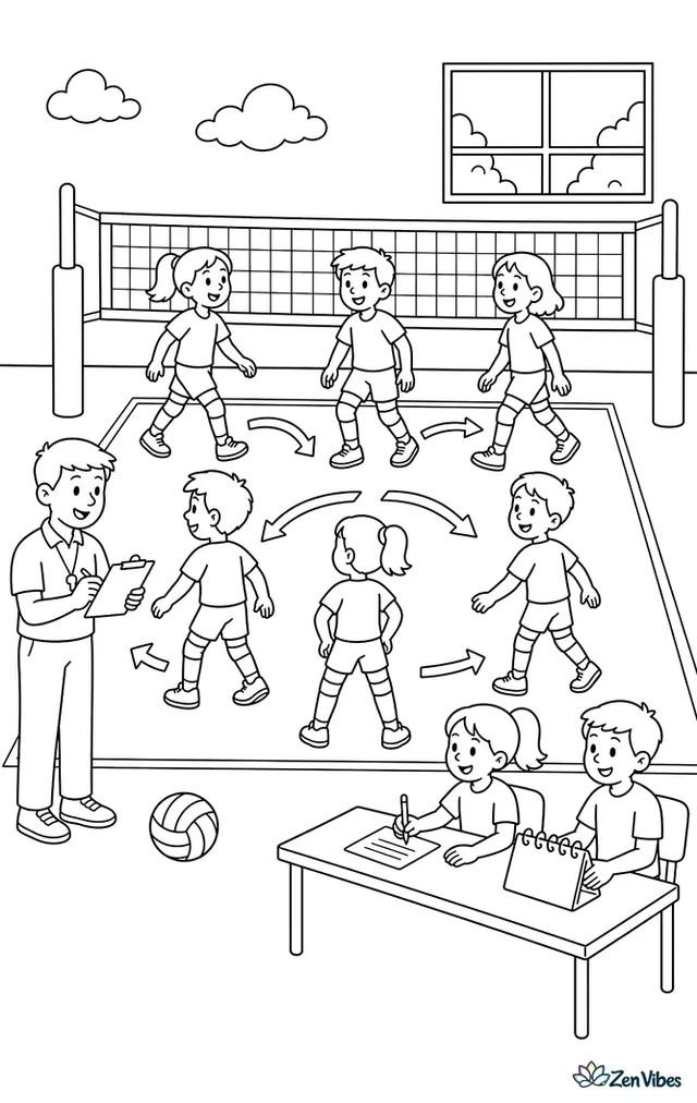 A team rotates after winning the serve, with players moving to new court spots, the referee checking lineups, and a scorer table beside the sideline markings.