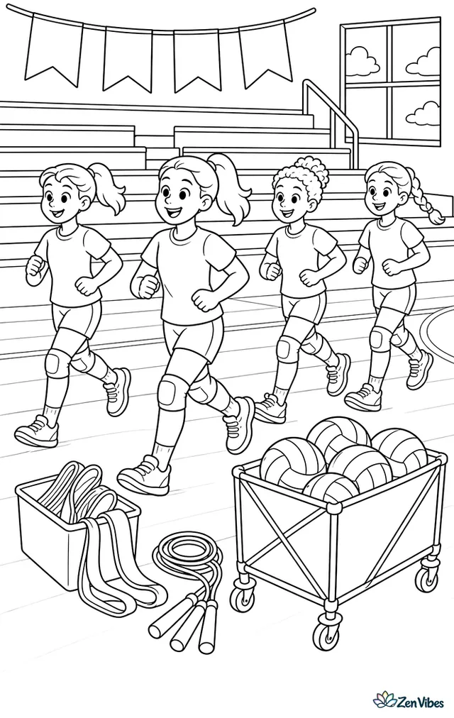 Volleyball players jog warmup laps around the court before practice, with stretching bands, folded jump ropes, a rolling cart of balls, and banners hanging above the bleachers.