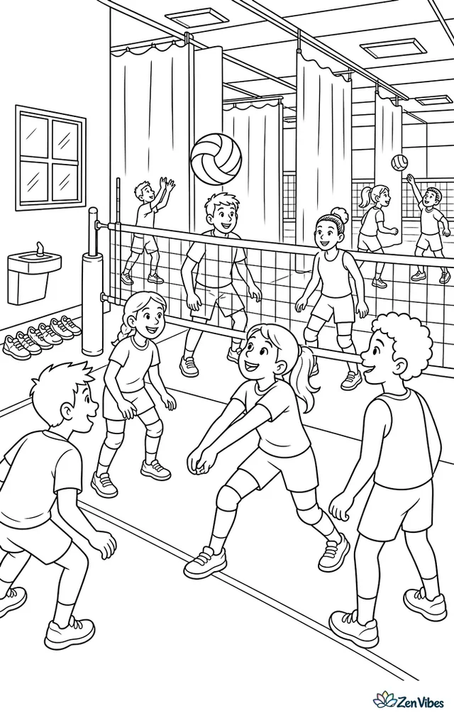 A mixed group enjoys an open gym volleyball rally, with varied jerseys, sneakers lined by the wall, a water fountain, and multiple courts divided by hanging divider curtains.
