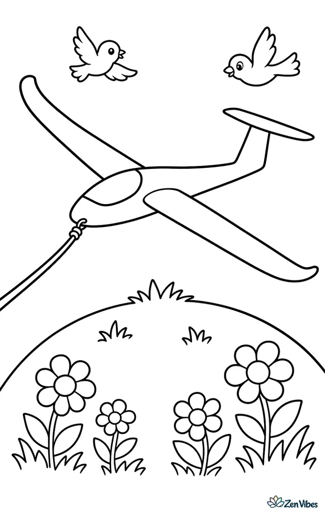 A sleek sailplane glider lifts from a grassy hilltop, guided by a tow rope, with wildflowers, rolling hills, and two birds drifting across a clear sky nearby.