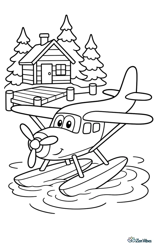 A floatplane seaplane touches down on a calm mountain lake, making small ripples, with pine trees, a wooden dock, and a cozy cabin along the shore.