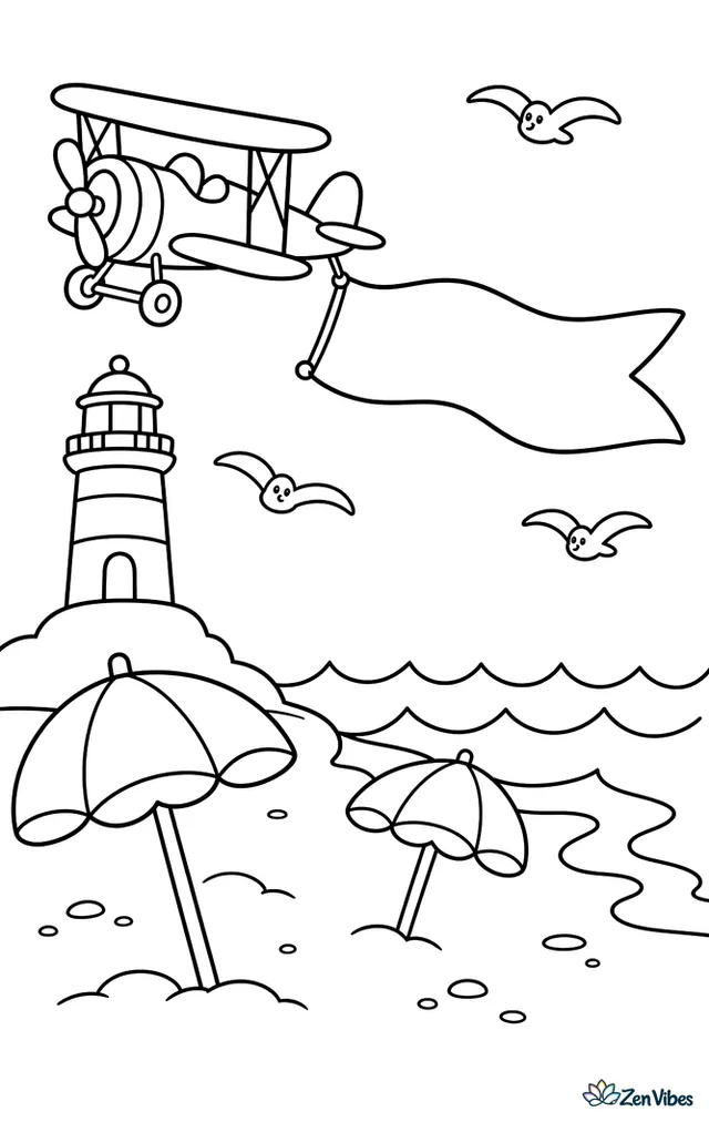 A vintage biplane pulls a long blank banner above a sandy beach, while umbrellas, gentle waves, a lighthouse, and a few seagulls create a cheerful coastal scene.