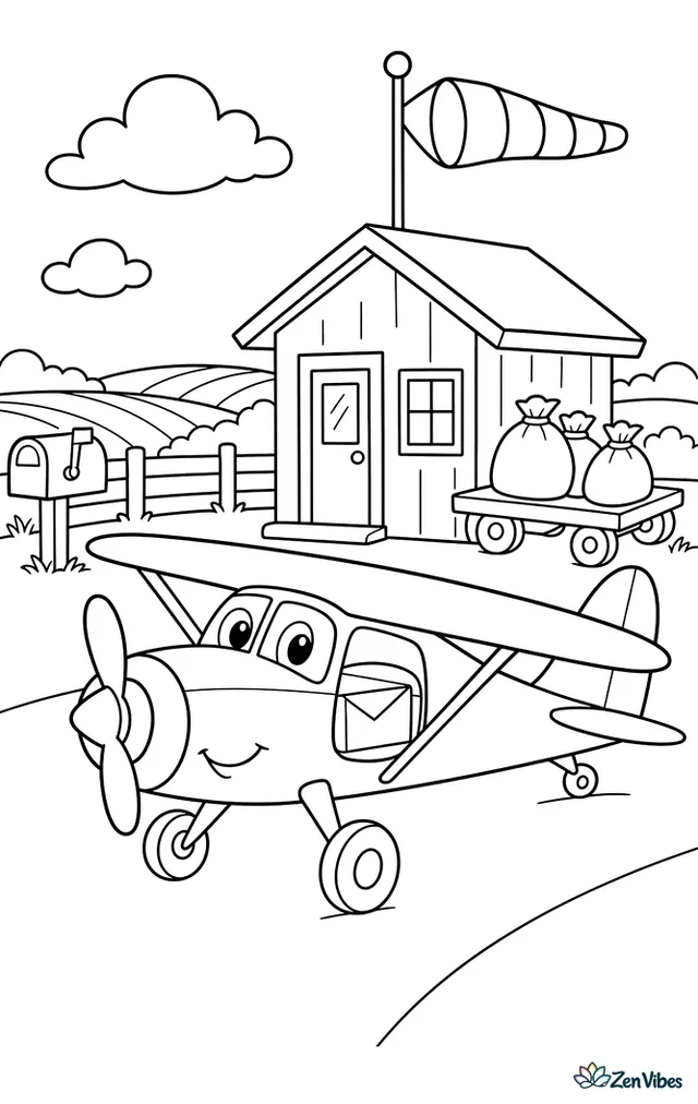A single-engine mail plane taxis beside a tiny rural airstrip office, where sacks wait on a cart, with a windsock, mailbox, fence, and open fields stretching beyond.