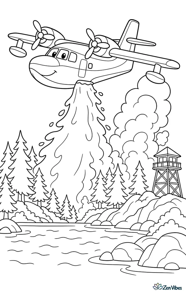 A water bomber airplane releases a wide stream over a smoky forest edge, with a blue lake below, evergreen trees, rocky hills, and a small lookout tower nearby.