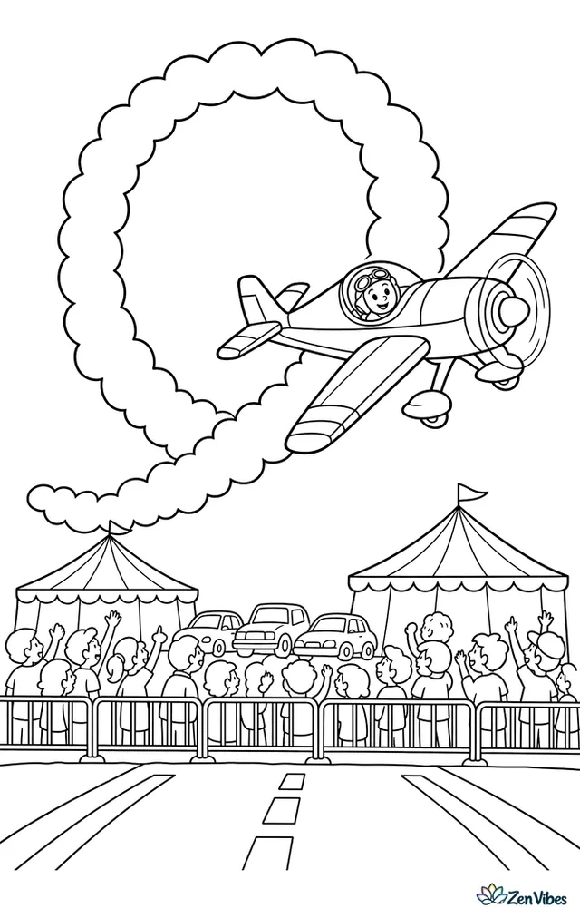 An aerobatic monoplane draws a giant loop in the sky with white smoke, above a runway, striped tents, parked cars, and a crowd watching from behind barriers.