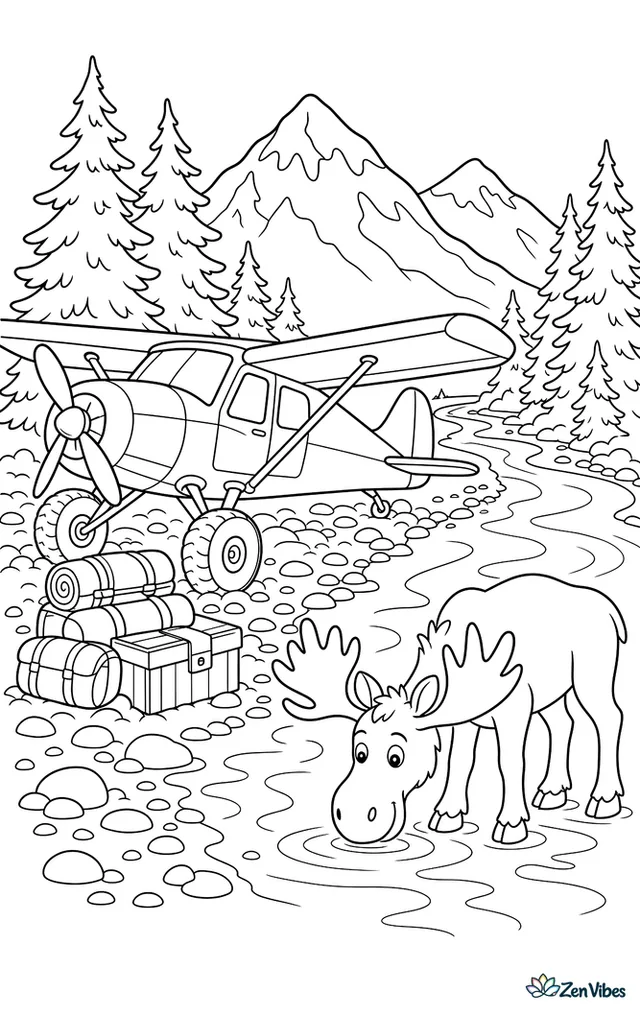 A rugged bush plane stands on a gravel bar beside a winding river, with stacked supplies, spruce trees, distant mountains, and a moose drinking at the water's edge.