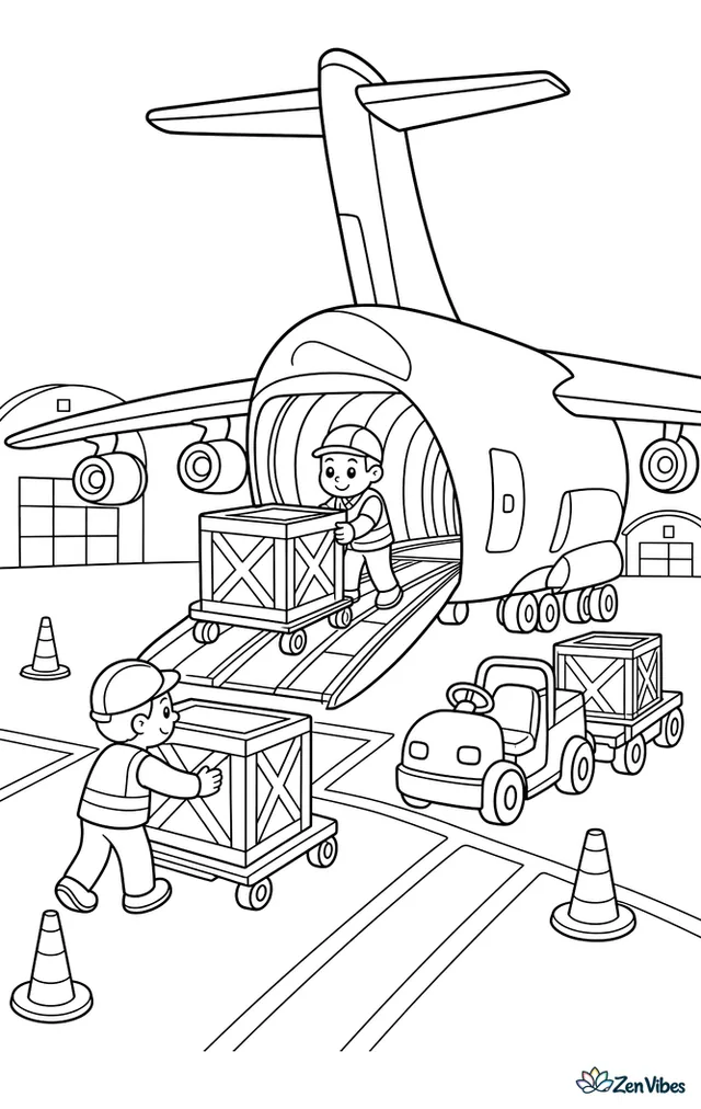 A large cargo airplane waits with its rear ramp open as workers roll crates aboard, surrounded by service carts, cones, painted lines, and hangars on the busy tarmac.