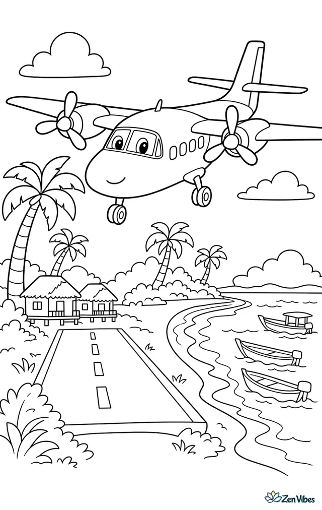 A twin-prop island hopper airplane descends toward a short tropical runway, with palm trees, beach huts, waves, and a curved shoreline dotted with small boats.