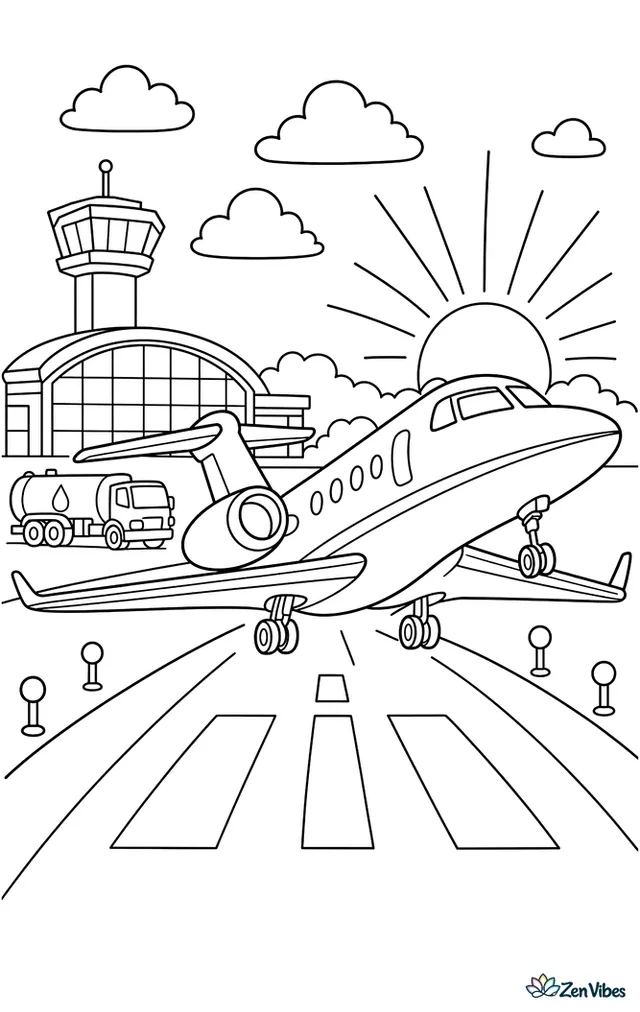 A sleek business jet begins its takeoff on a clean runway, with a glass terminal, fuel truck, runway lights, and a sunrise sky over the airport grounds.
