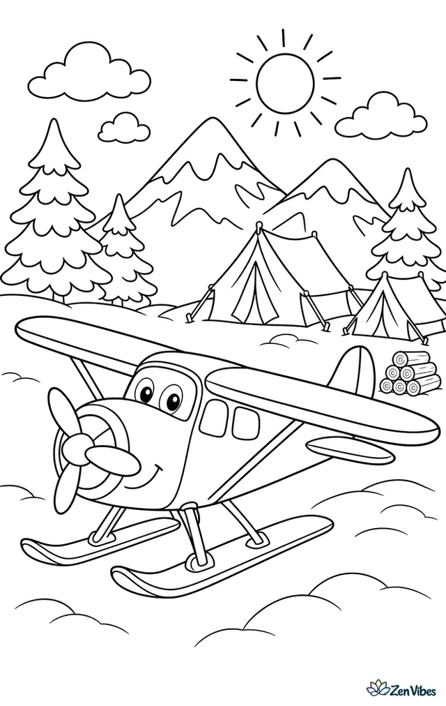 A ski-equipped airplane rests on packed snow near a winter camp, with canvas tents, pine trees, stacked firewood, and tall mountains under a bright sky.