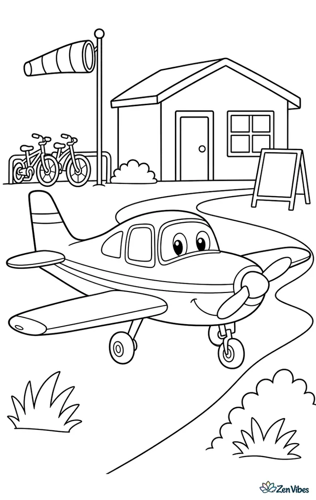 A training airplane rolls along the taxiway near a small flight school building, with a chalkboard sign, windsock, parked bicycles, and trimmed grass around the field.