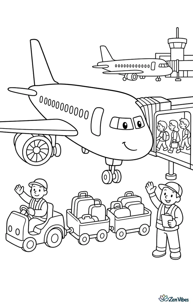 A narrow-body airliner stands at an airport gate while passengers board by jet bridge, with baggage carts, ground crew, windows, and another plane parked in the distance.
