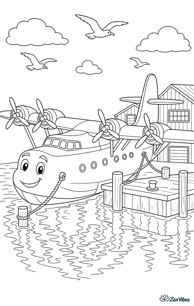 A giant flying boat airplane is moored beside a harbor dock, with ropes, pilings, warehouse buildings, gulls overhead, and gentle waves reflecting the broad wings.