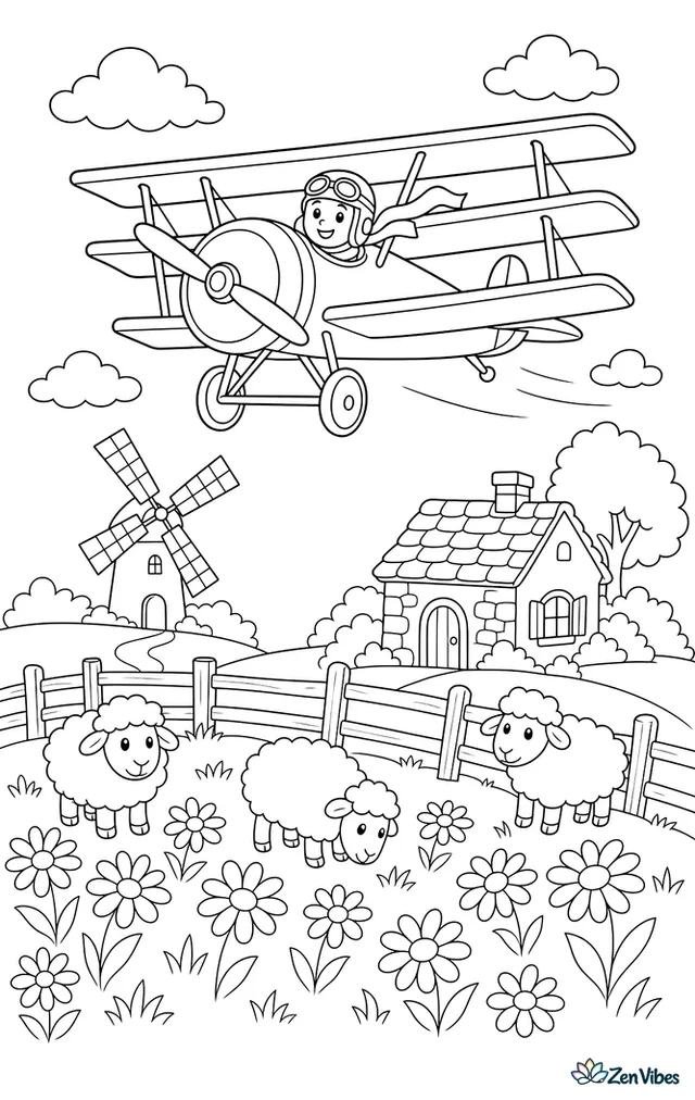 A classic triplane cruises above a meadow filled with daisies, with a windmill, stone cottage, split-rail fence, and sheep grazing in the peaceful countryside.