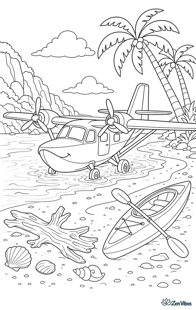 An amphibious airplane taxis from shallow water onto a sandy cove, with driftwood, seashells, leaning palms, rocky cliffs, and a kayak pulled up on shore.