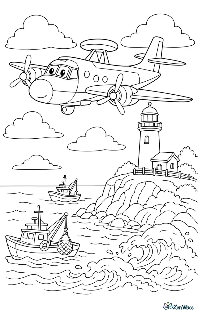 A twin-engine surveillance airplane patrols along a rocky coastline, with a lighthouse on a bluff, crashing waves, fishing boats, and layered clouds over the sea.