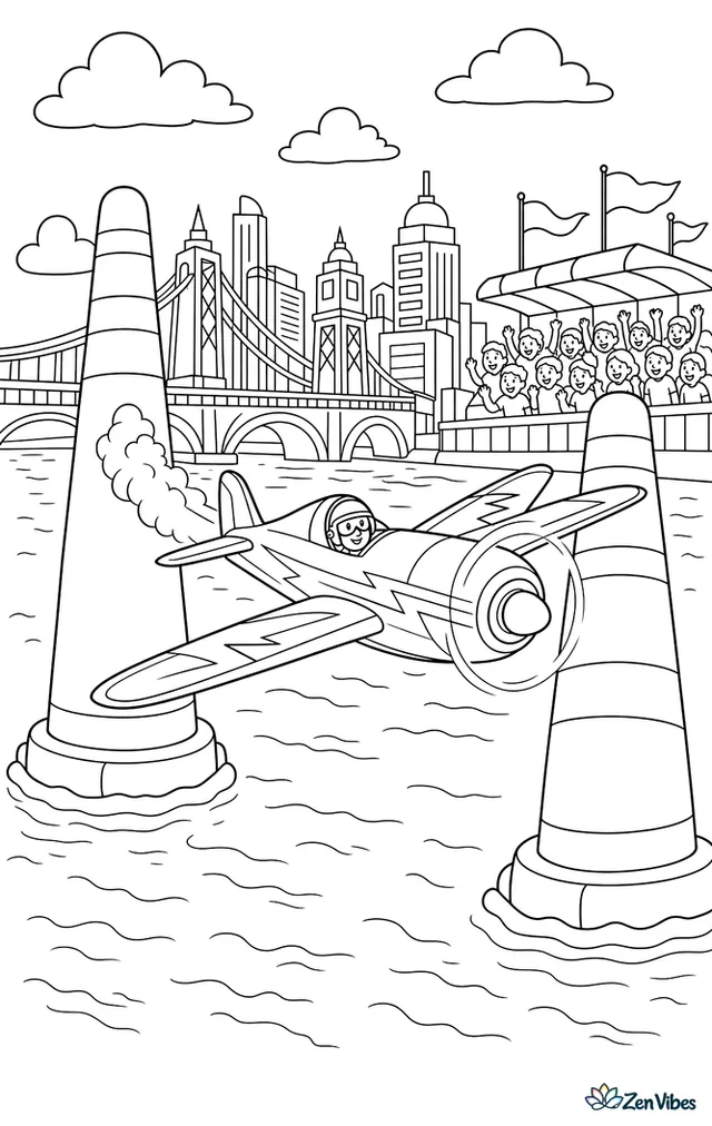A racing airplane speeds between tall inflatable pylons over a riverfront course, with bridges, grandstands, banners, and city buildings forming the lively backdrop.