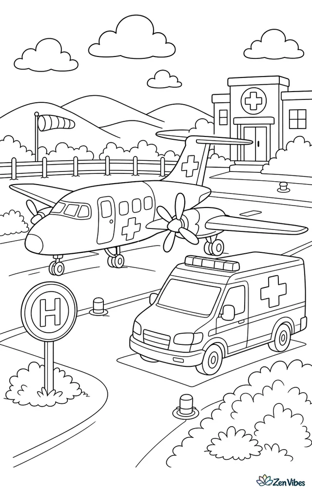 A medical transport airplane parks near a small hospital airstrip, where an ambulance waits, with runway markers, shrubs, a helipad sign, and low hills beyond.