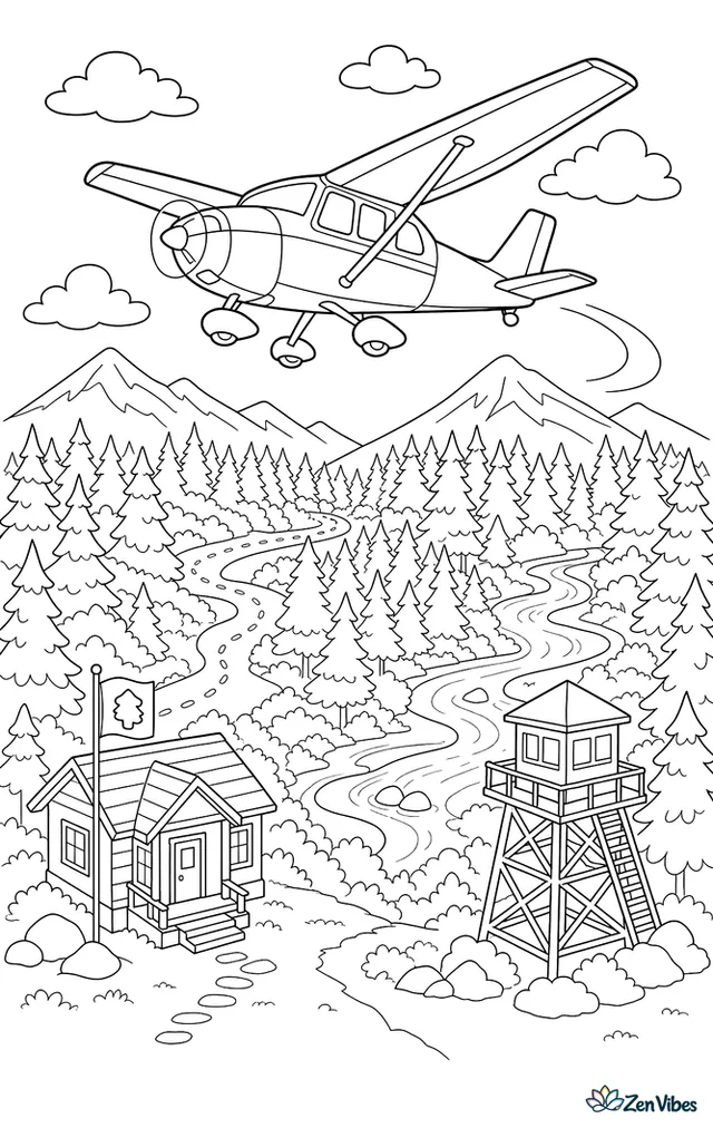 A high-wing patrol airplane circles above a national forest, with winding trails, a ranger station, a watchtower, and a river snaking through dense trees below.