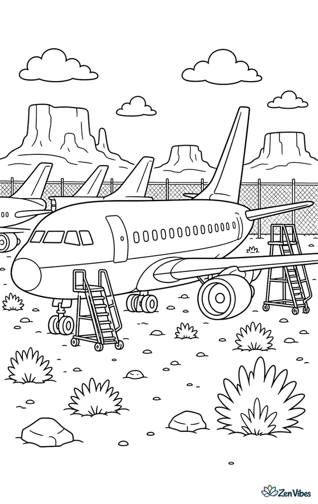 A retired passenger airplane sits in a dry desert storage yard, with neighboring aircraft tails, service ladders, scrub bushes, chain-link fencing, and distant mesas.