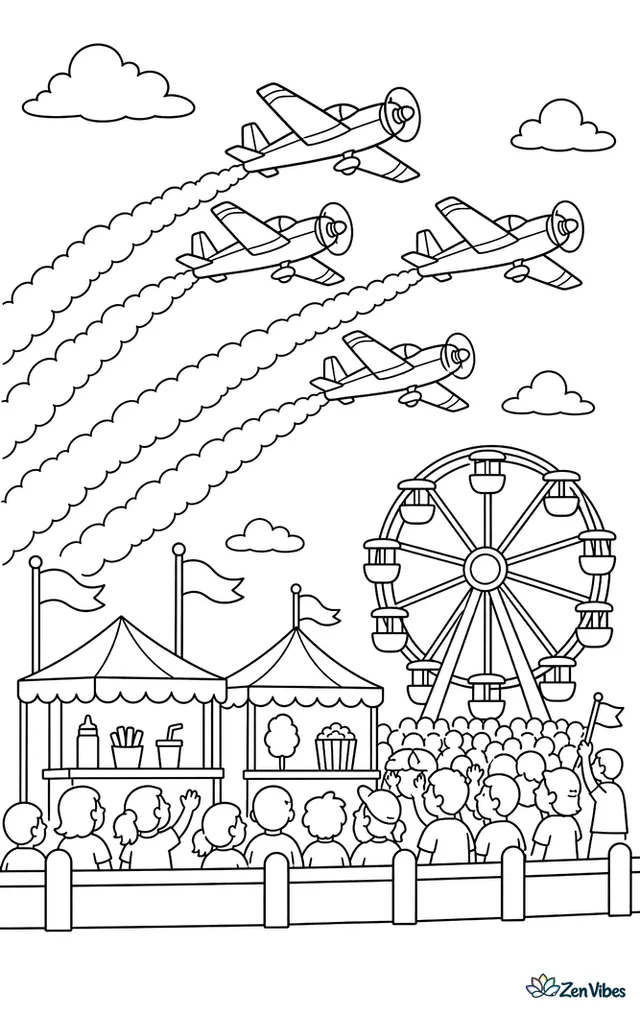Four aerobatic airplanes fly in diamond formation trailing smoke, above a fairground with a Ferris wheel, food tents, flags, and a packed viewing area.