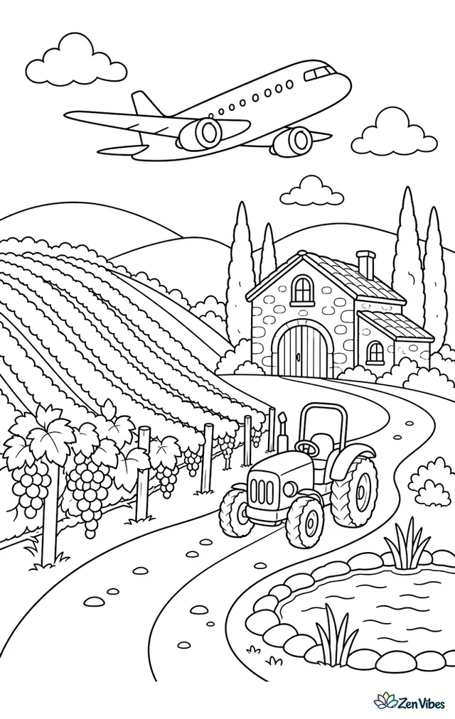 A touring airplane passes above a hillside vineyard, with striped grape rows, a stone winery, cypress trees, a pond, and a tractor moving along a lane.