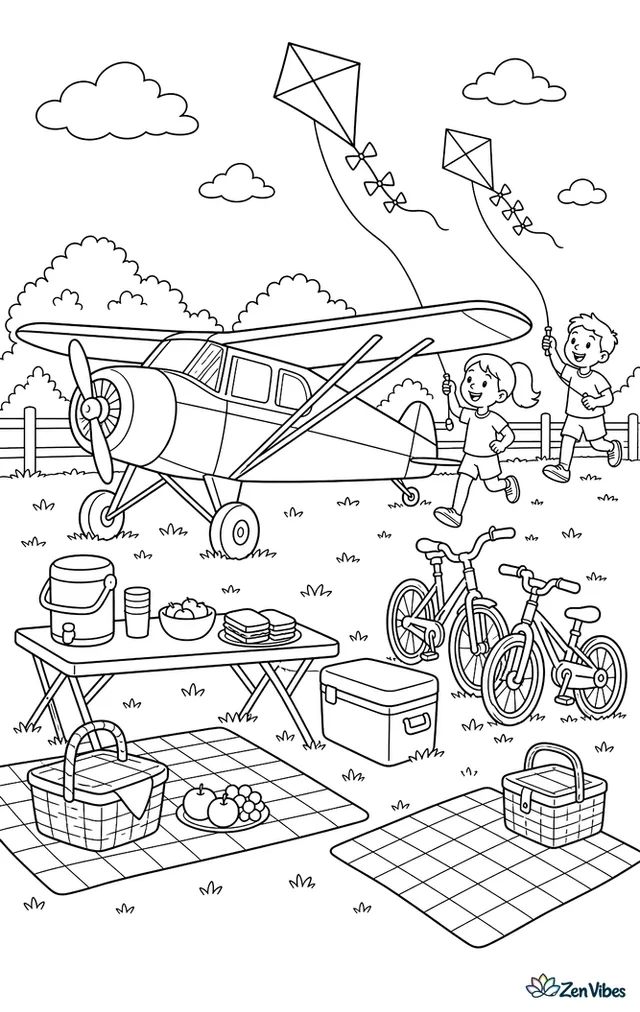 A taildragger airplane is parked on grass during a flying club picnic, with folding tables, checkered blankets, coolers, bicycles, and children flying kites nearby.
