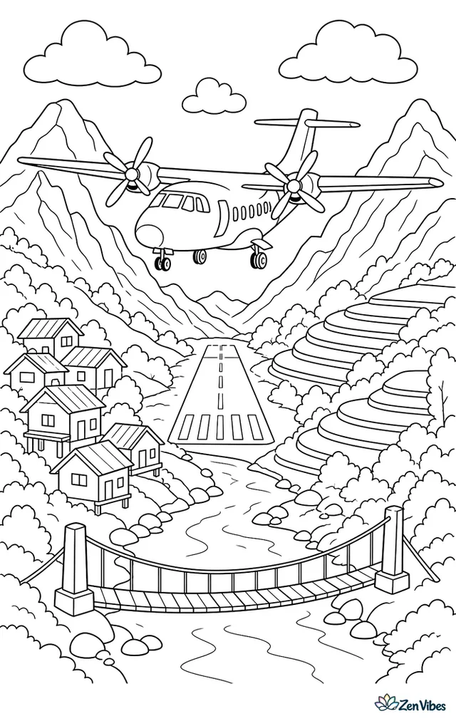 A twin-prop commuter airplane approaches a narrow valley runway, with a river, suspension bridge, clustered cabins, terraced fields, and steep peaks all around.