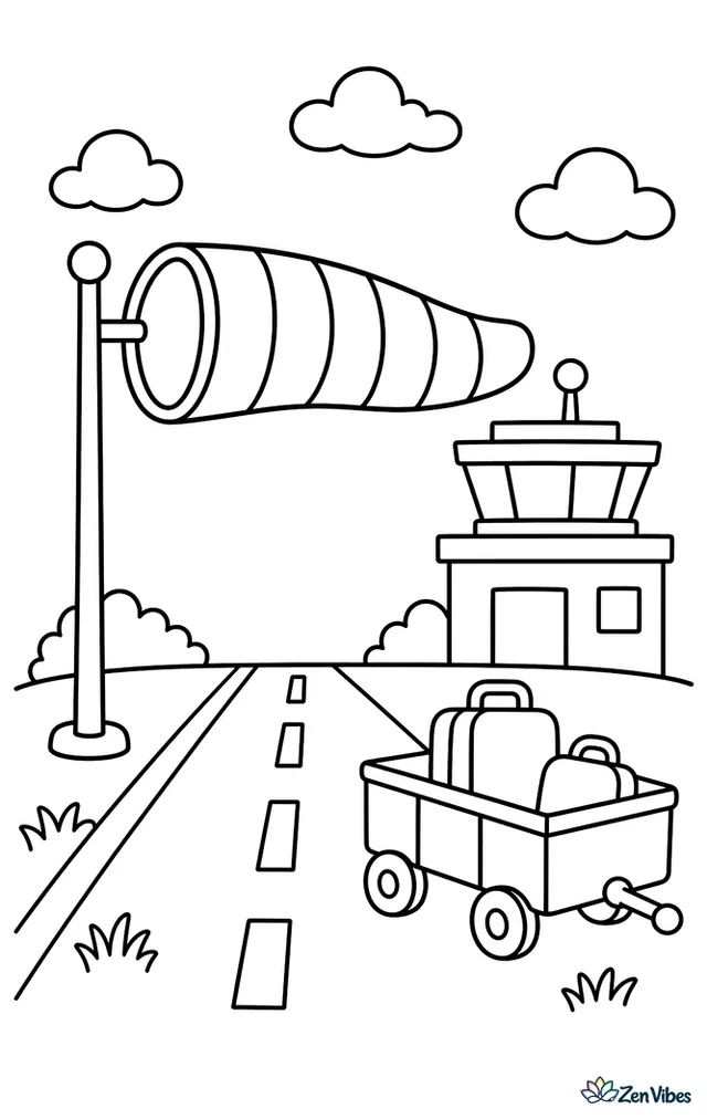 A striped windsock stretches beside a runway as a small baggage cart parks nearby. Painted centerlines, grassy edges, and a low control building sit under a few simple clouds.