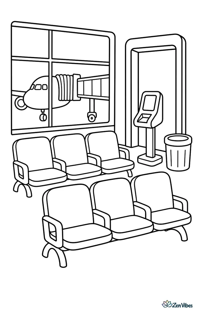 Rows of airport seats face a boarding gate where a scanner stand waits beside the doorway. Large windows, a parked jet bridge, and a trash bin create a clean terminal scene.