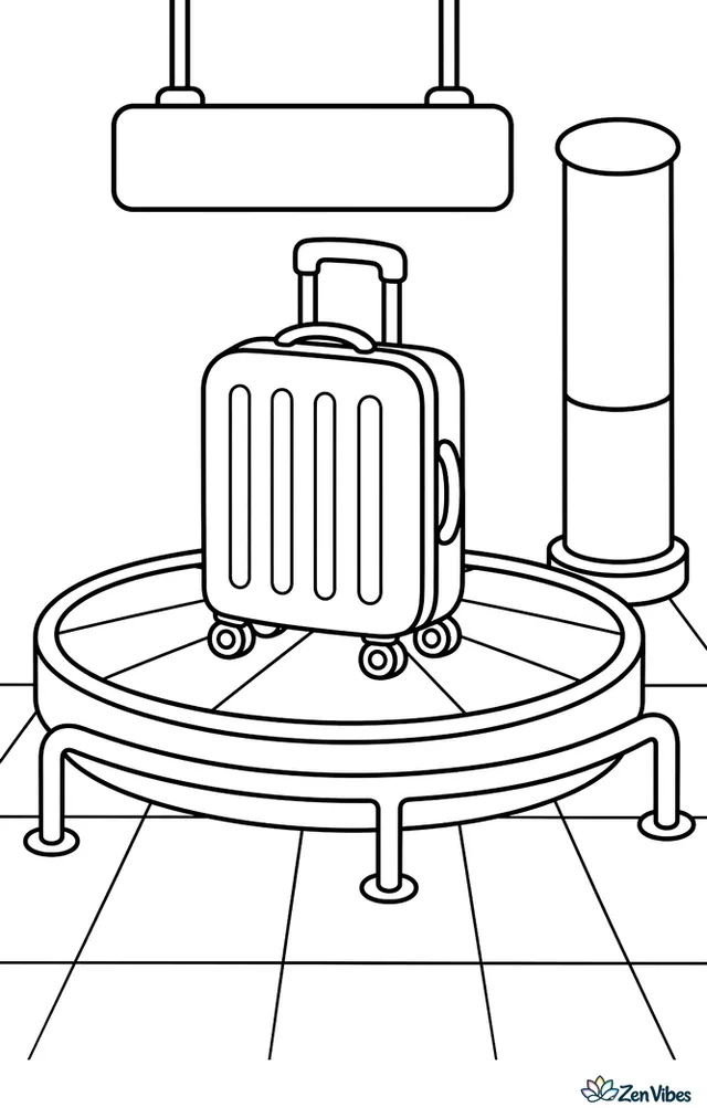 A hard-shell suitcase circles on an airport baggage carousel beneath hanging signs. Safety rails, a nearby pillar, and floor tiles surround the simple claim area in a calm arrival hall.